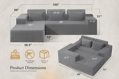 HABUTWAY Sectional Couches for Living Room,No Assembly L Shaped Couch 105" Modular Sectional Sofa Couch with Deep Seat,Cloud Couches Furniture Sets for Apartment,Corduroy (Light Grey, Left Facing)