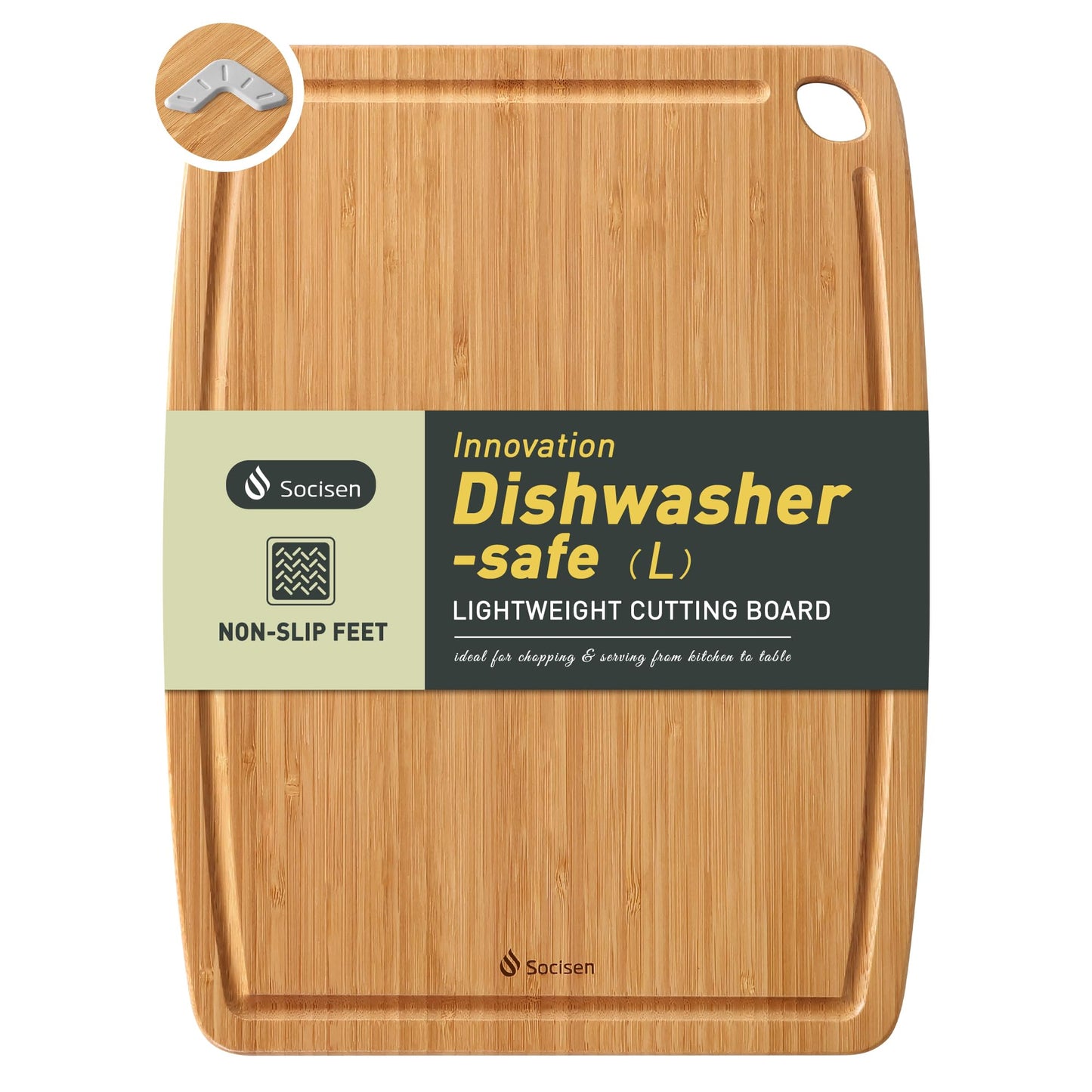 Lightweight Durable Bamboo Cutting Board with Non-Slip Feet, Non Toxic Wooden Cutting Board for Kitchen Heat-Resistant Chopping & Charcuterie Board with Juice Groove Kitchen Essentials for Meat
