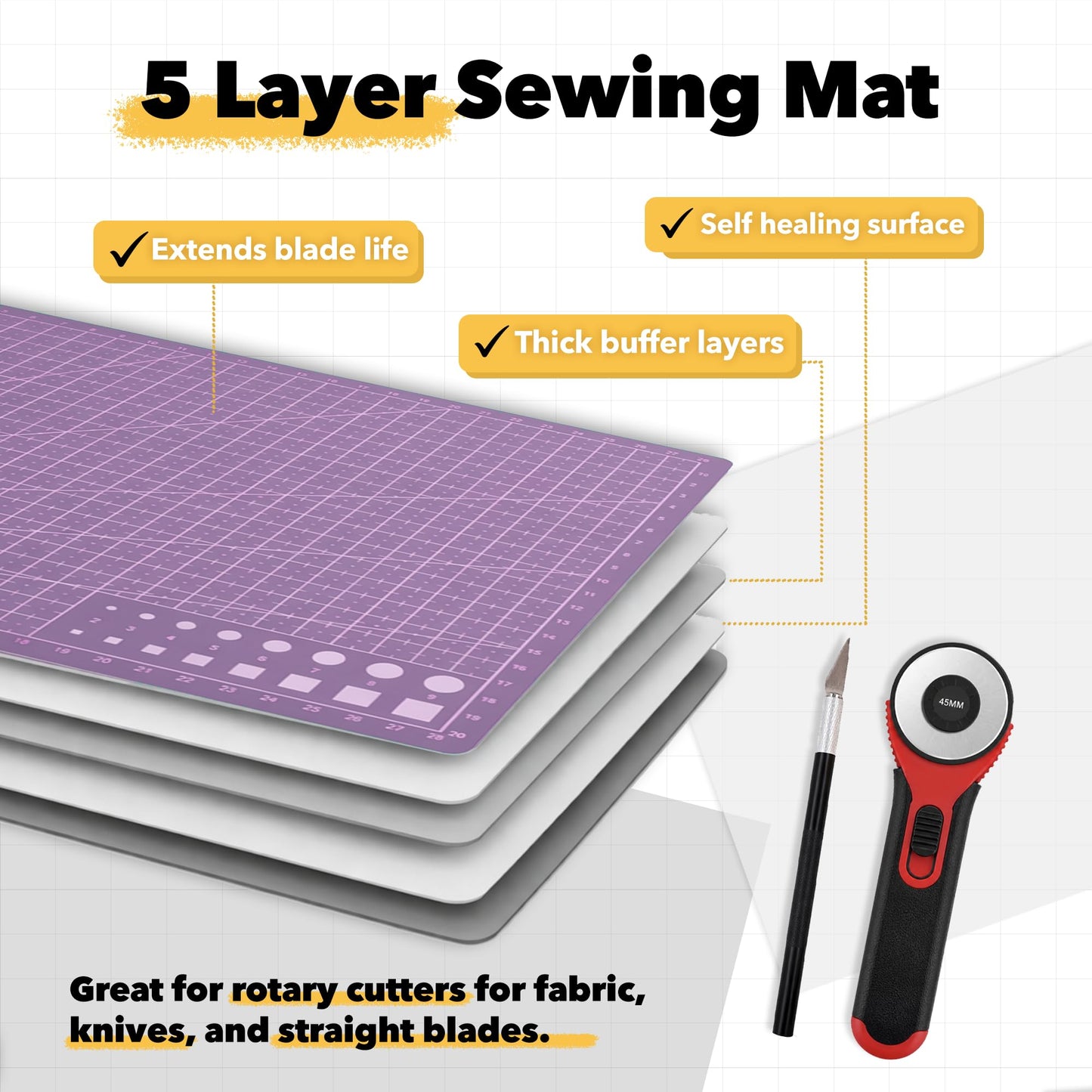 Mandala Crafts Self-Healing Cutting Mat Set – 9" x 12" A4 Purple Pink Double-Sided 5-Ply Mat with Fabric Cutter, Quilt Ruler & Craft Knife for Sewing, Quilting, Leather & Scrapbooking