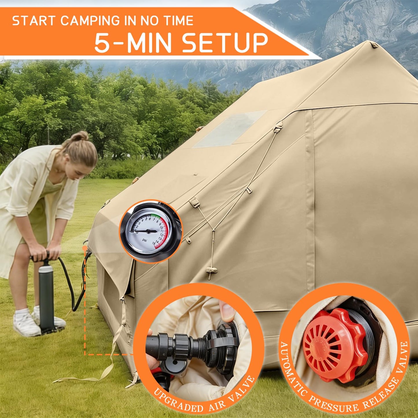 Inflatable Tents for Camping, 4-6 Person Easy Blow Up Tent with Hand Pump,4 Seasons Waterproof Air Inflatable Camping Tent,Hot Tent with Skylight and Stove Jack for Family Camping,Beige