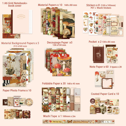 emmoolife Scrapbooking Supplies Kit, Vintage Mushroom Aesthetic Scrapbook Kit for Bullet Junk Journal, Stationery, A6 Grid Notebook, DIY Journaling Supplies, Birthday Craft Gift for Teen Girl Women