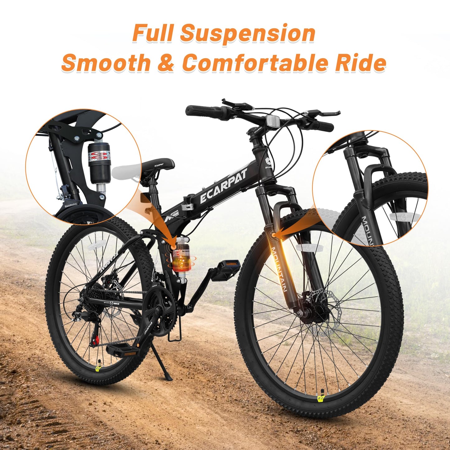 Ecarpat 26 Inch Folding Mountain Bike, 21 Speed Full Suspension High-Carbon Steel MTB, Dual Disc Brake Foldable Bicycle, Folding Bikes for Adults Men Women