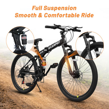 Ecarpat Folding Mountain Bike- 26 Inch Bikes for Adults, 21 Speed Full Suspension Foldable Bike for Men or Womens Bike Riders, High Carbon Steel Frame Dual Disc Brake MTB for Trek and Commuter