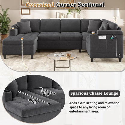 Merax 115.7" U-Shaped Chenille Sectional Sofa, 4 Seat Corner Couch Oversized with Built-in Cup Holders, 3 Pillows, Storage Space for Living Room, Grey