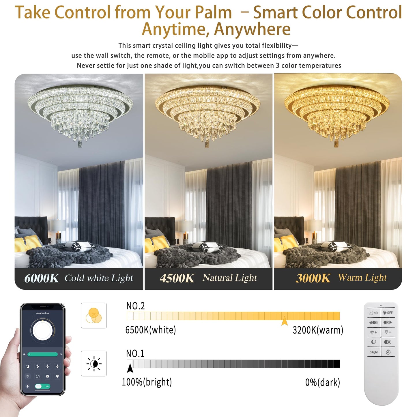 30 inch Crystal Gold Ceiling-Light Flush Mount With Remote Control and APP, 3CCT Dimmable & Brightness Adjustable, Modern Crystal Raindrop Chandeliers for Bedroom Hallway Dinning Room Living Room