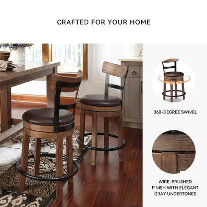 Signature Design by Ashley Pinnadel Bar Stool, Swivel Counter Height Stool Chair With Faux Leather Seat, Wood and Metal Frame for Kitchen Island With Seating, Light Brown