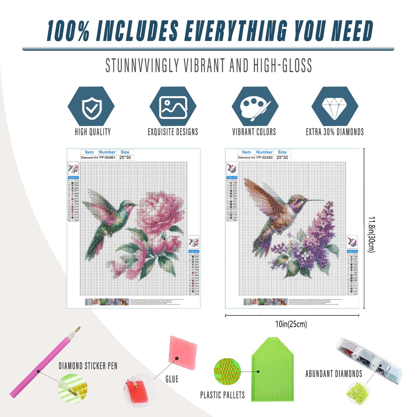 Qykwz 2 Pcs Spring Hummingbird Diamond Painting Kits for Adults, Farmhouse Peony Lilac Flower Hummingbird Diamond Art Kits, DIY Full Drill Gem Art Kit for Home Wall Decor, 9.8x11.8 Inch