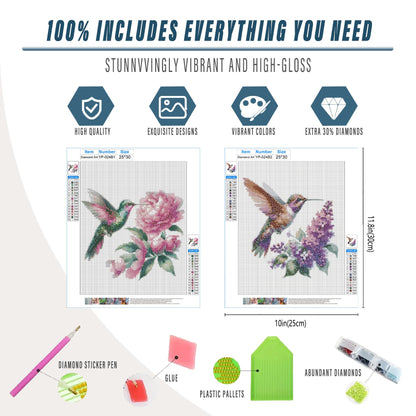 Qykwz 2 Pcs Spring Hummingbird Diamond Painting Kits for Adults, Farmhouse Peony Lilac Flower Hummingbird Diamond Art Kits, DIY Full Drill Gem Art Kit for Home Wall Decor, 9.8x11.8 Inch