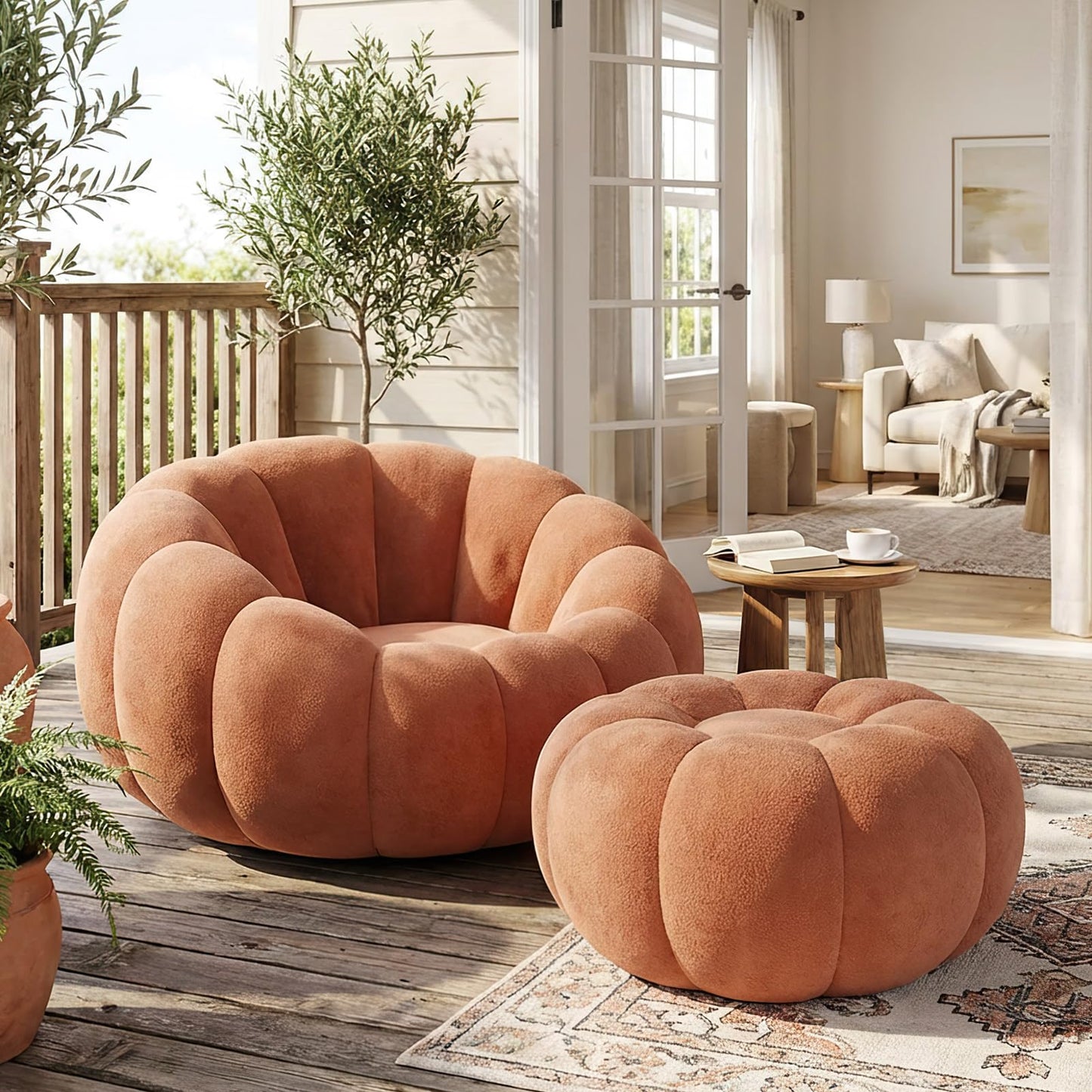Premium Cloud Velvet Bean Bag Chair Set | 43.3" Ergonomic Pumpkin Lounger & Ottoman for Adults, Thick High-Resilience Foam, No Assembly, Compact for Living Room & Bedroom