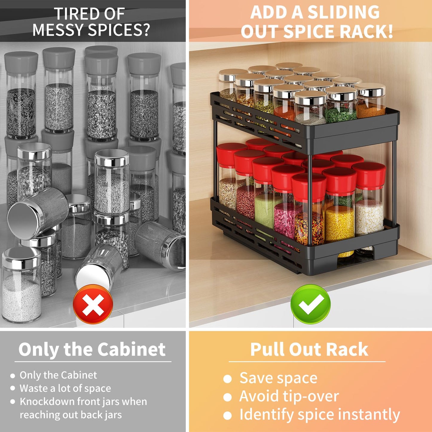 Pull Out Spice Rack Organizer for Cabinet, 3 Packs Slide Out Spice Racks Organizer, Spice Cabinet Organizers, Cabinet Size Need:12'' Highx11'' Deepx5'' Wide,Each Tier Hold 10 Spice Jar - 2 Tier, Black