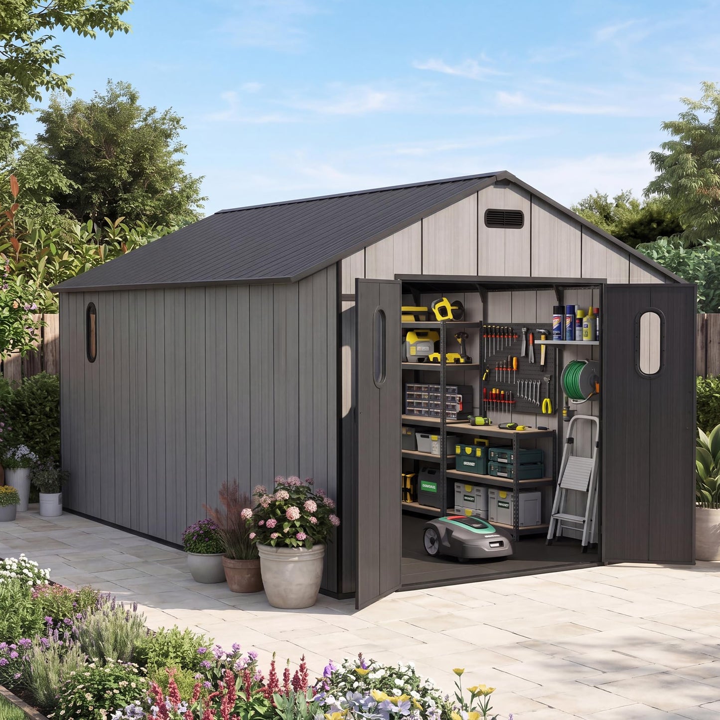 Domi 8x16Ft Resin Outdoor Storage Shed with Floor, Plastic Garden Storage Shed, Outside Weatherproof Storage Building for Tools, Bike, Lawn Mower, Patio, Backyard