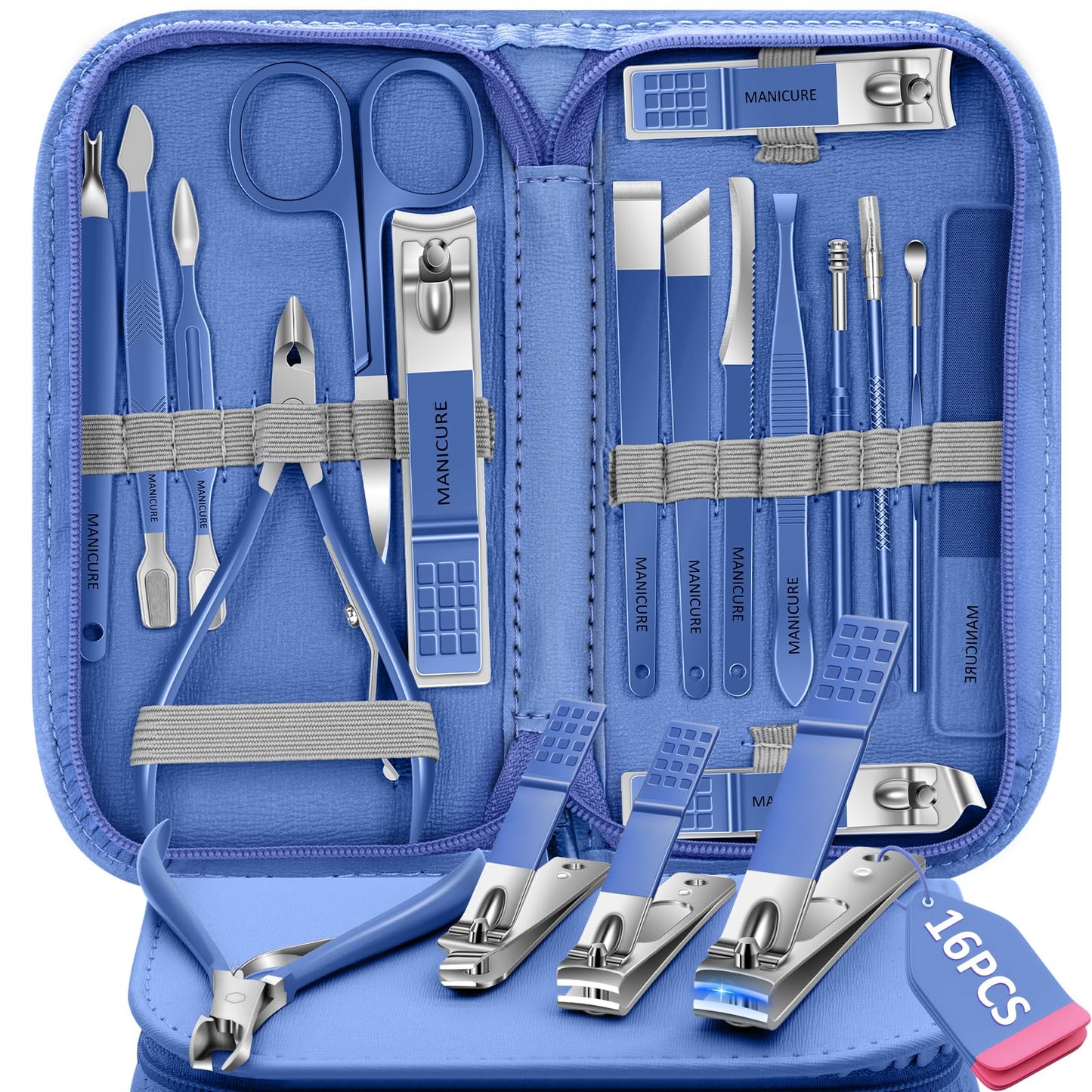Manicure Set 16Pcs Professional Stainless Steel Pedicure Kit Mens Grooming Kit Fingernail & Toenail Clippers Set Manicure Kit with Luxurious Travel Bag, Sharp Nail Scissors and Clipper (Purple)