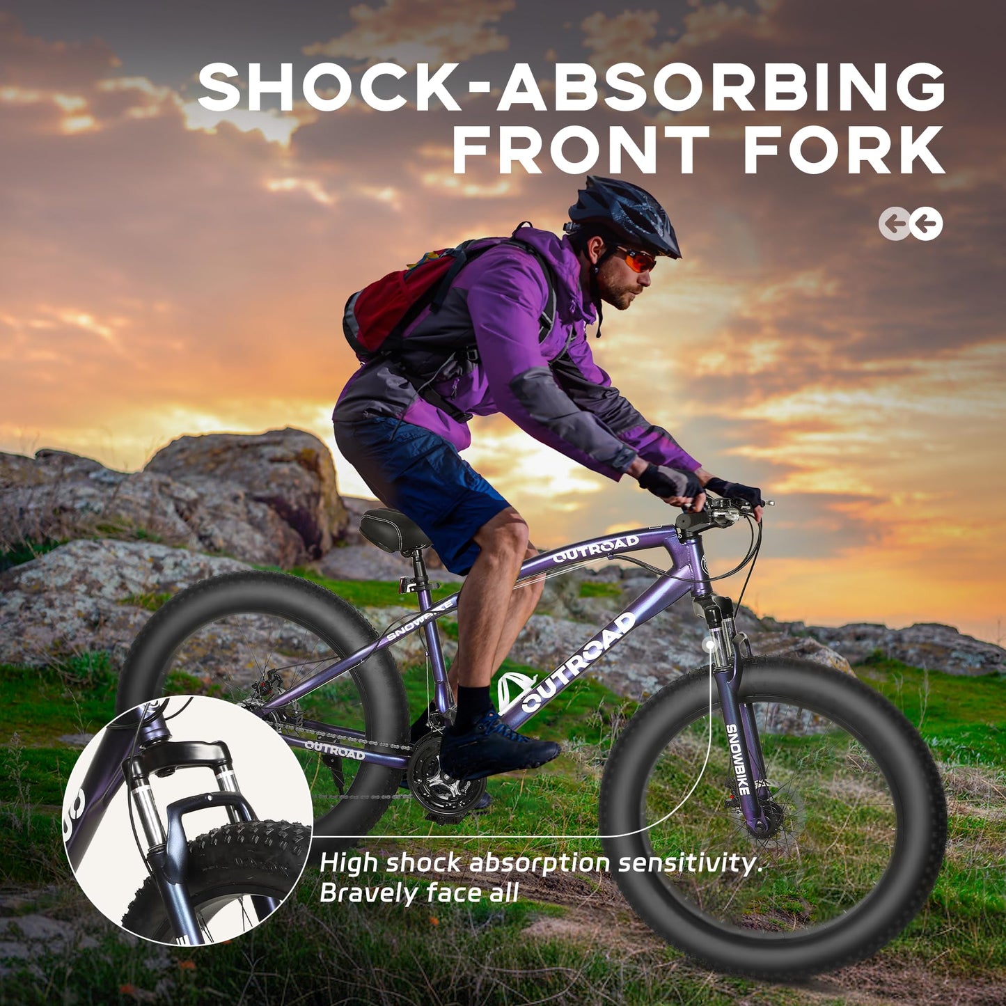 Outroad Mountain Bike Fat Tire with 4-Inch Tire 26 inch Wheels, 21 Speed with High Carbon Steel Frame, Double Disc Brake and Front Suspension Anti-Slip Bikes, Purple