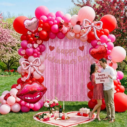 Galentine's Day Balloon Arch Kit - 133 Pcs Pink Red GALS Letter Balloons, Heart, Lip & Bow Foil Balloons with Pink Curtain for Valentine's Day, Bachelorette, Birthday Party Decorations
