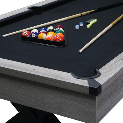 KEIKI 7FT Pool Table with Billiard Balls, Cues, Pool Cue Chalk, Cleaning Brush, X-Legs, Black Cloth, Rustic Grey