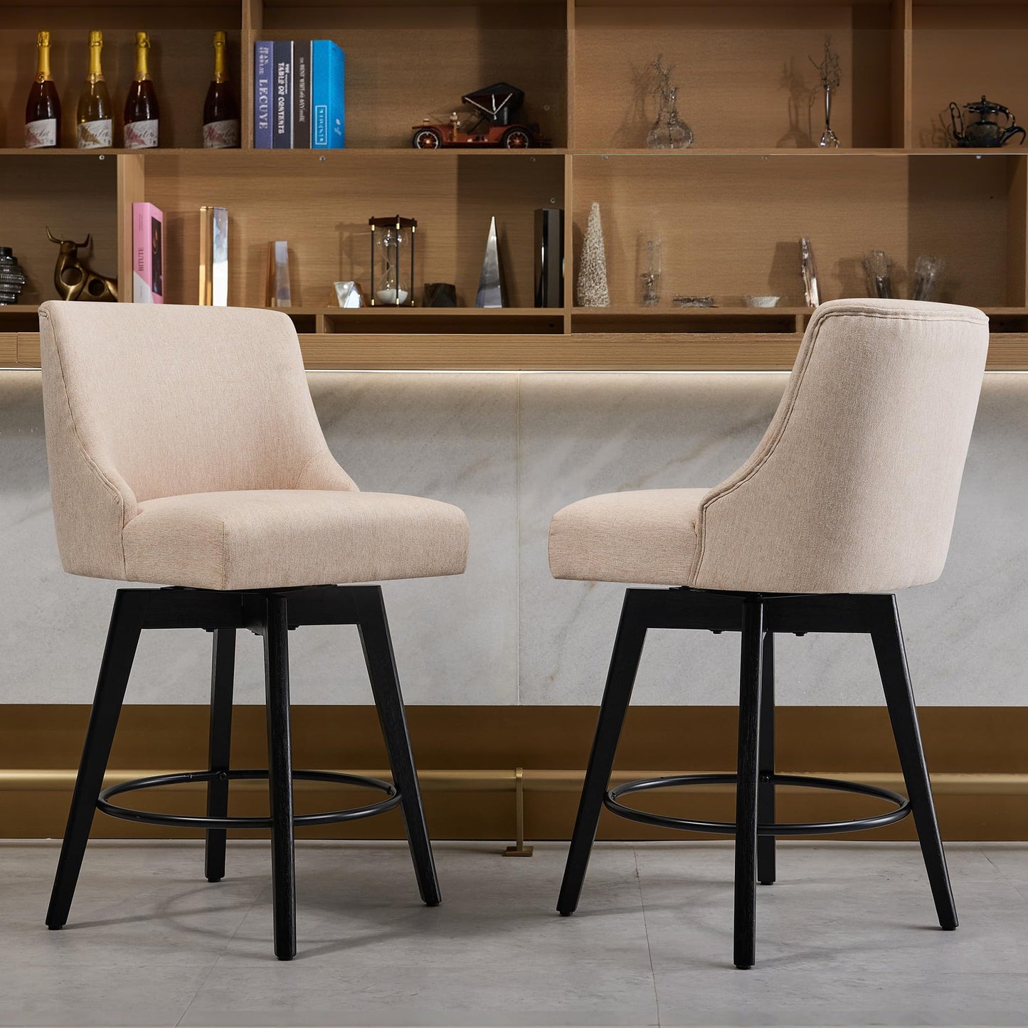 Vipbear Counter Height Bar Stools Set of 2, Modern Linen Fabric Swivel Barstools with Contoured Backs and Solid Wood Legs, 26" Seat Height Upholestered Bar Chairs for Kitchen Island, Flax Beige