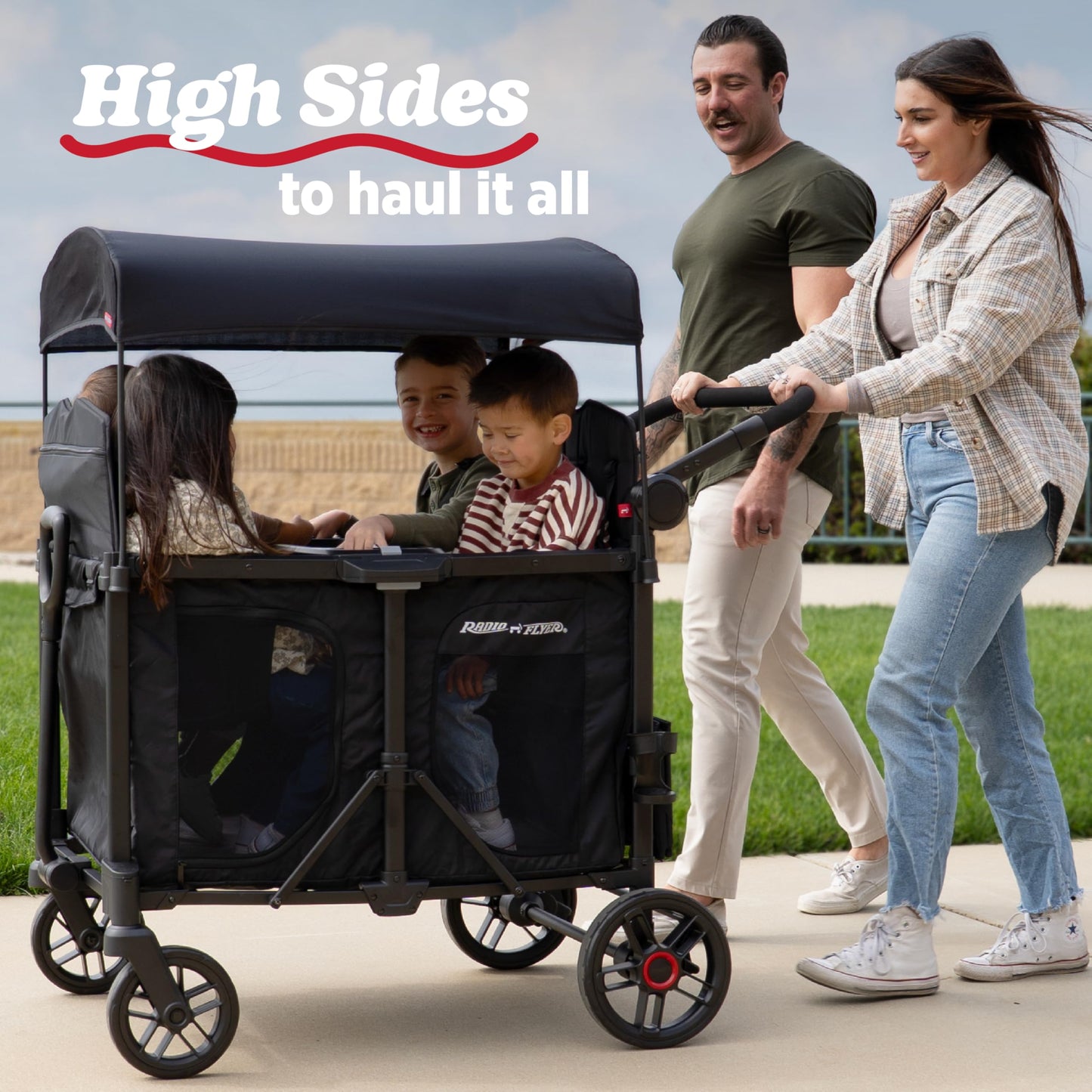 Radio Flyer Voya 2.0 XT 4-Seat Stroller Wagon, for Kids 6+ Months, Lightweight, Compact, Foldable, UV Canopy, Included Storage, Raised Folding Seats, Zippered Doors, Stroller Wagon for Kids