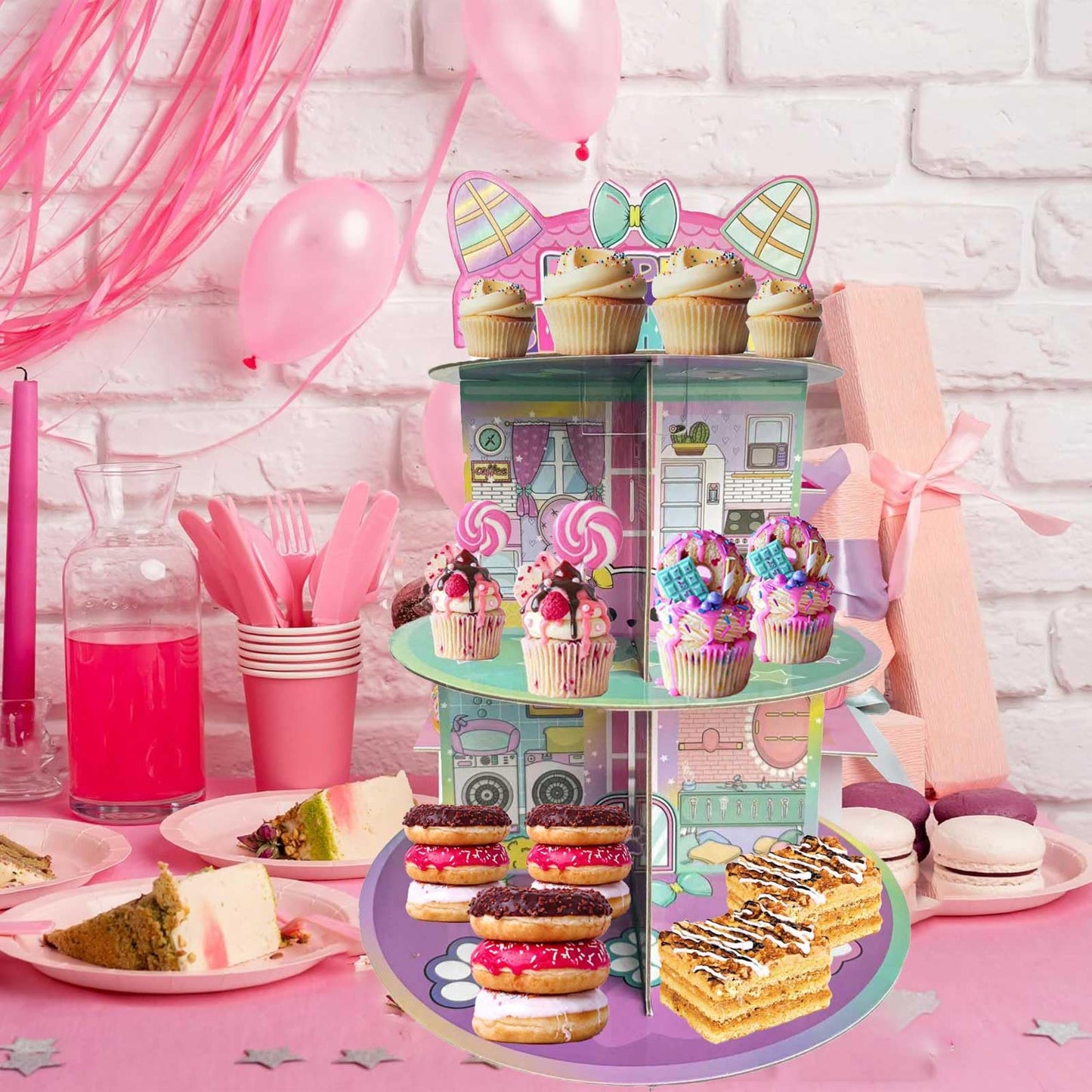 Cartoon Cat Dollhouse Cupcake Stand 3-Tier Pink Cake Stand for 24 Cupcakes Dollhouse Theme Birthday Supplies Pink Cute Cat Birthday Decorations for Girls