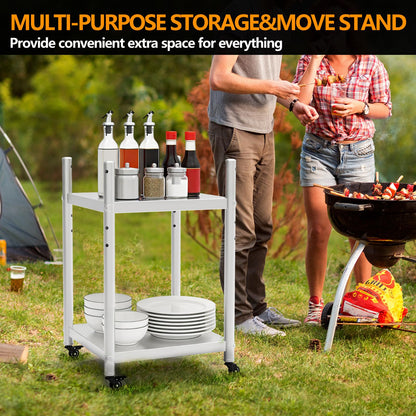 Stainless Steel Rice Warmer Stand–20"x20" SS Two-Tier Cart with Adjustable Upper Shelf & 4 Swivel Casters (2 Locking) Store&Move Cooking Equipment Multi-Purpose Mobile Station for Indoor/Outdoor