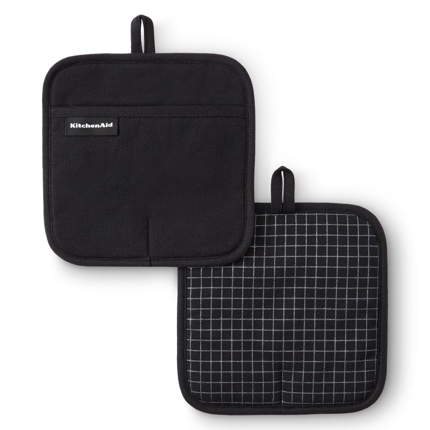 KITCHENAID Gourmet Series Gridlines Pot Holders 2-Pack Set, Heat Resistant up to 600°F, Soft Silicone Grip, Magnetic Cuff, Matte Black, 8"x8"