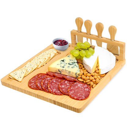 RoyalHouse Bamboo Cheese Board and Knife Set with Magnetic Holder - Serving Tray for Crackers, Meat, and Wine - Anniversary and Wedding Gift