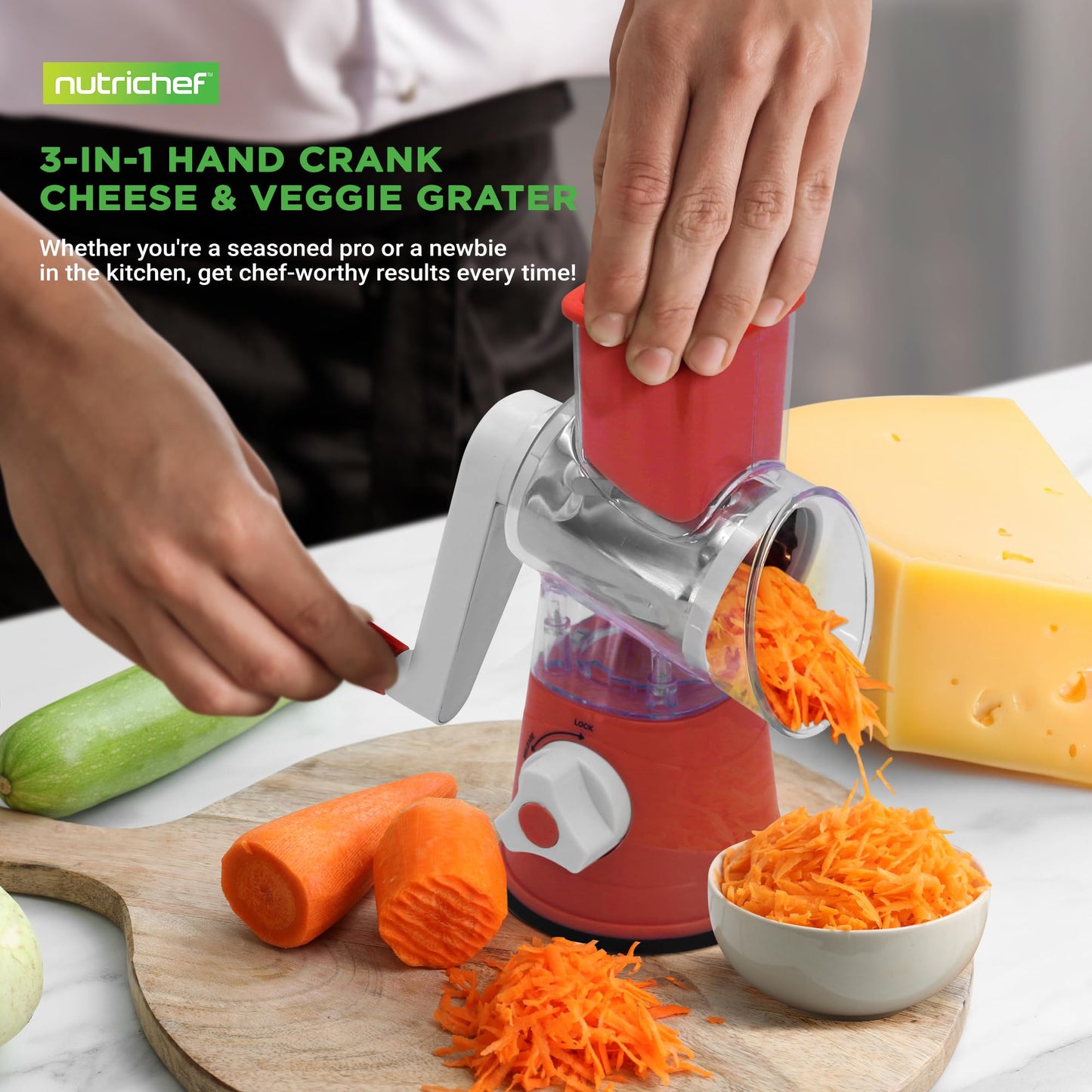 Nutrichef 3 in 1 Cheese Grater & Shredder | Strong Suction Base, Rotary Handle with Safety Lock | Includes Cleaning Brush, Hand Crank & 3 Drum Blades for 3 Textures, Fine, Medium & Strips | Red