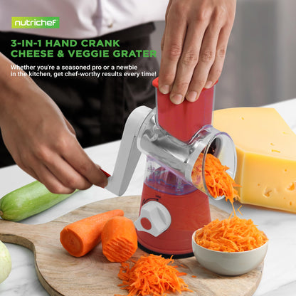 Nutrichef 3 in 1 Cheese Grater & Shredder | Strong Suction Base, Rotary Handle with Safety Lock | Includes Cleaning Brush, Hand Crank & 3 Drum Blades for 3 Textures, Fine, Medium & Strips | Red