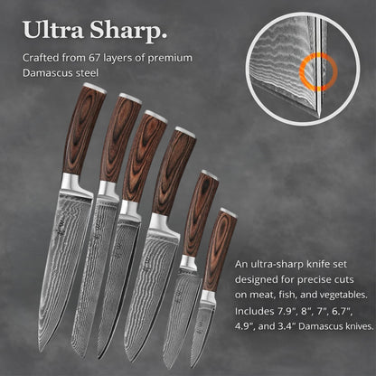 Wakoli EDIB 6-Piece Damascus Knife Set – Professional Chef Knives Set with VG10 Core Blades, 67-Layer Damascus Steel and Ergonomic Pakkawood Handles – Premium Kitchen Knives in Elegant Gift Box