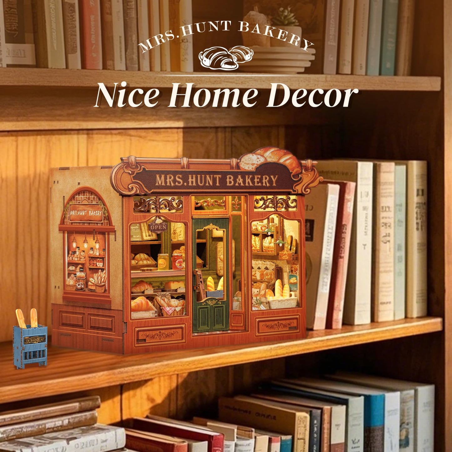 Cutefun Book Nook Kit - DIY Miniature Bread Shop Booknook Kits for Adults and Teens, 3D Wooden Puzzle Bookend Bookshelf with LED Light, Creative Crafts Gifts for Book Lovers (Mrs.Hunt Bakery)
