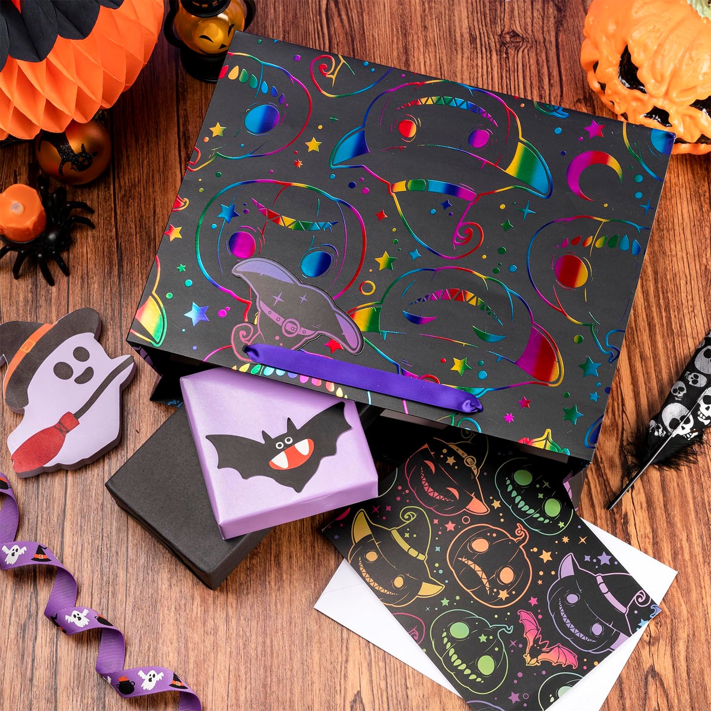 LeZakaa Halloween Wrapping Paper Roll & 13" Gift Bag with Tissue Paper, Gift Tag, and Card, Evil Pumpkin Fluorescent Black