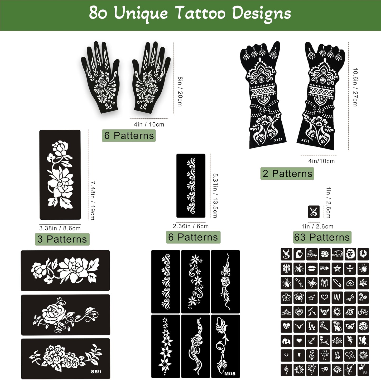 80 PCS Temporary Tattoo Kit with Large Arm & Hand Stencils - 4 Tattoo Cones (2 Black, 1 Brown, 1 Dark Red) & Outline Pen - Waterproof DIY Body Art Set, Ideal Gift for Kids, Teens, Parties & Family Fun