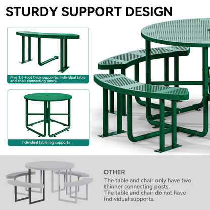 YITAHOME Coated Steel Picnic Table, 46" Heavy Duty Outdoor Picnic Table w/Sturdy Steel Frame & Umbrella Hole for Yard Patio Lawn Party, Round, Green