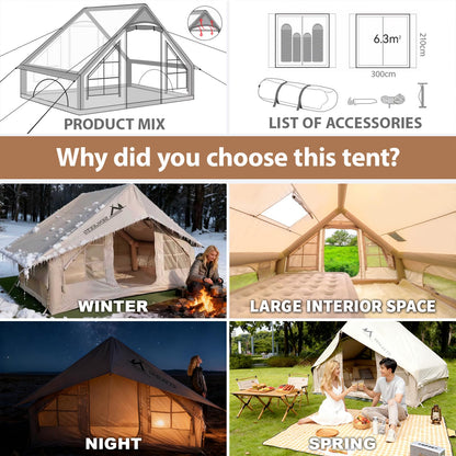 Inflatable Tent for Camping 4-6 People, Blow up Tents with rain-Proof Canopy, 4 Season Moisture-Proof pad, Glamping Inflatable Hot Tent with Stove Jack & Fire-Proof Mat Outdoor