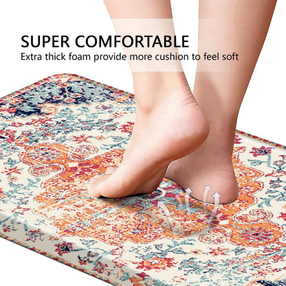 MAYHMYO Boho Kitchen Mat Anti Fatigue Ethnic Kitchen Cushioned Floor Mat Orange Blue Kitchen Rugs Non Slip Cool Rugs for Kitchen Office
