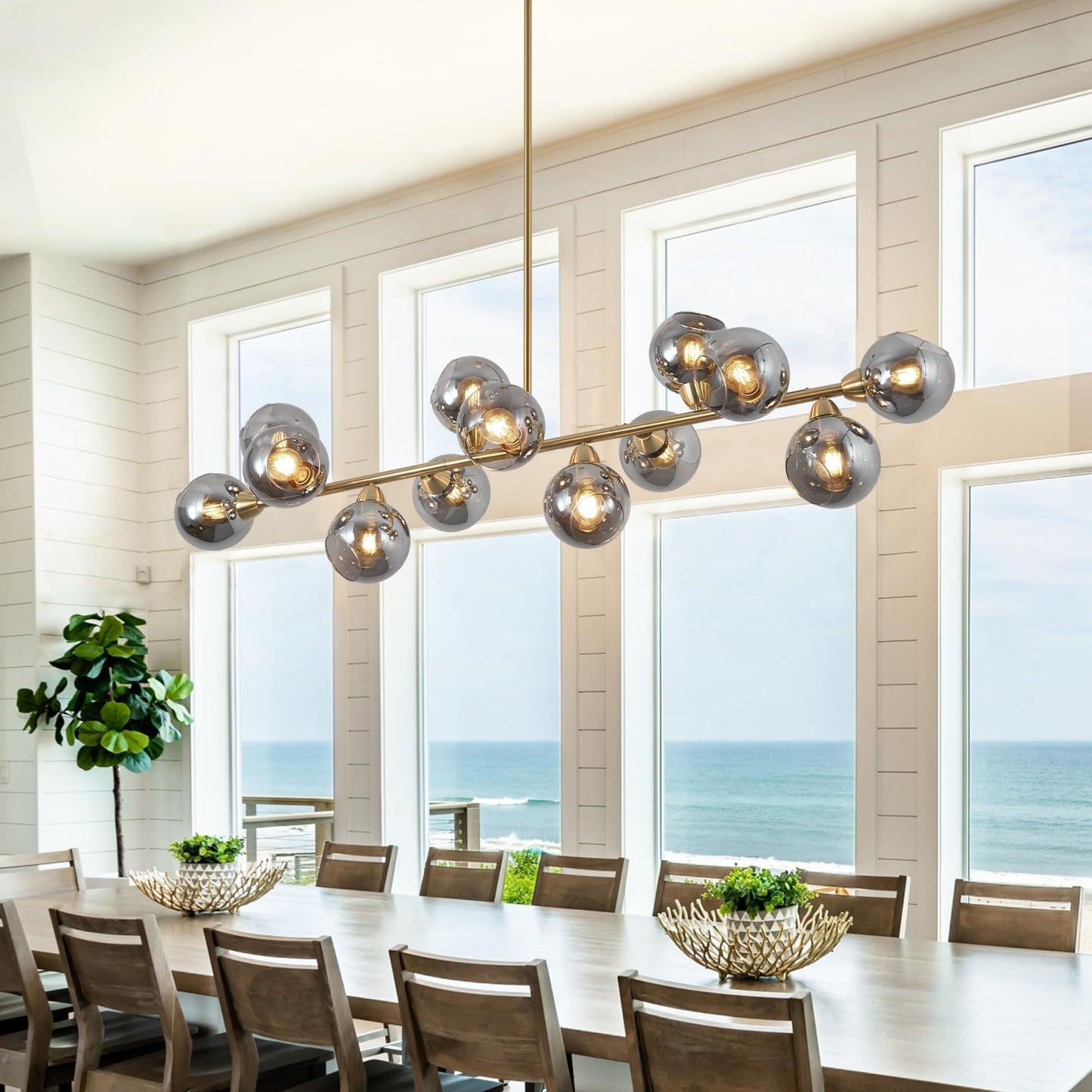 Lzawvm Linear Chandeliers Dining Room Gold Sputnik Chandelier 13-Lights Modern Glass Globe Chandelier 59 Inch 13 Lights Linear Dining Room Light Fixture
