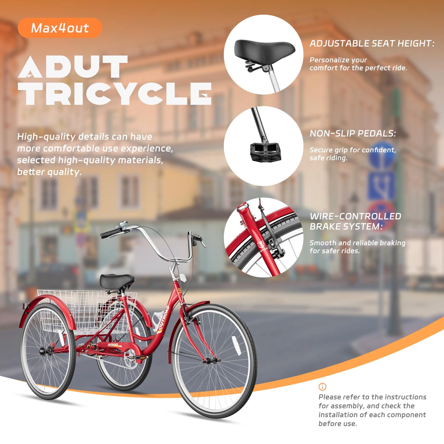 Max4out Adult Tricycle with Large Basket 24/26 Inch, Stable 3 Wheel Cruise Bicycle for Shopping, Beach and City Trike Perfect for Men, Women, Seniors（24 Red）