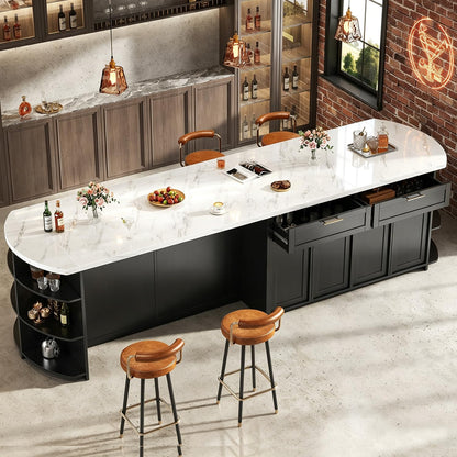 HSH 63” Large Kitchen Island with Seating, White Faux Marble Island Table with 2 Storage Drawers, Cabinets, 3 Open Shelves, Modern Counter Height Stationary Island Prep Table for Kitchen Dining Room