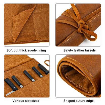 Baizoy Knife Roll Bag Genuine Leather,Chefs Professional 5 Knives and Cookware,Perfect for The Traveling Chef,Travel Tool Roll Pouch,No Tools Included