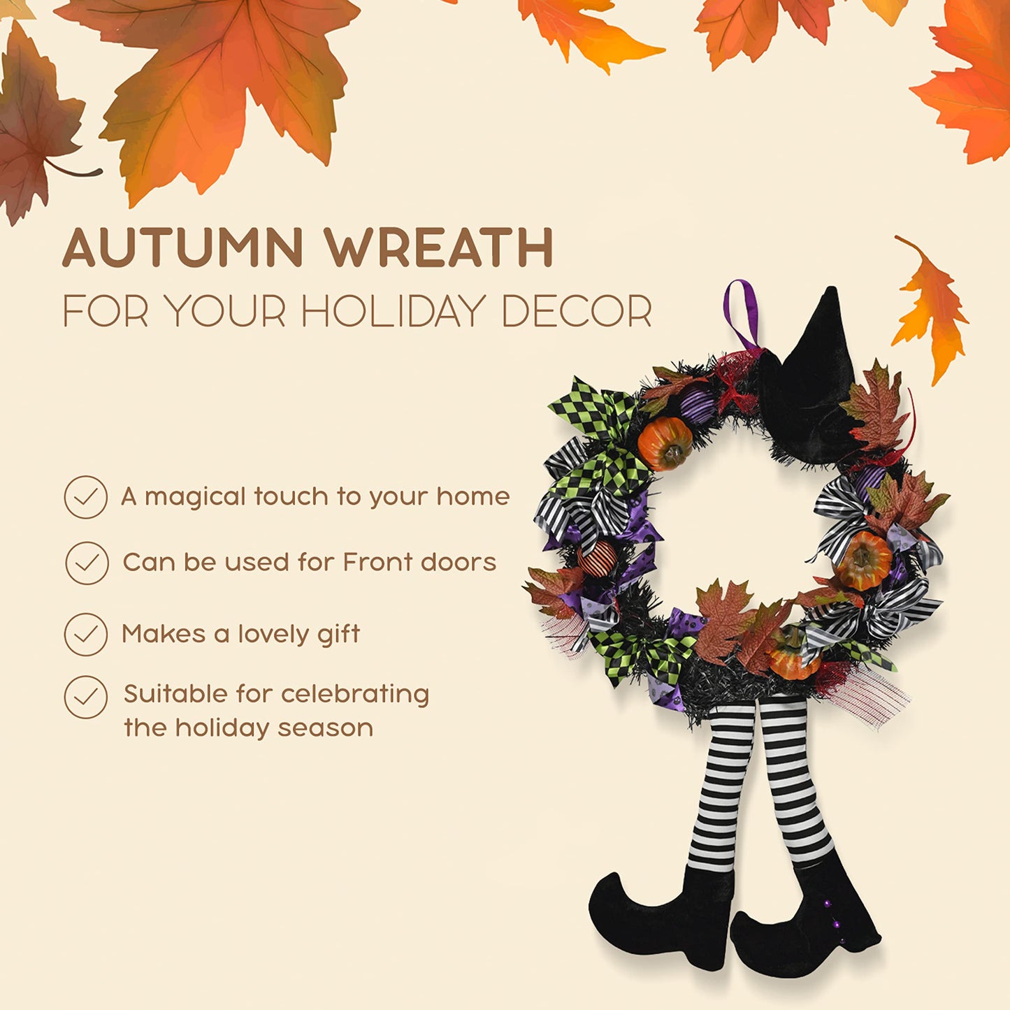 Skeleteen Happy Halloween Witch Wreath - Large 42" Front Door Hanging Witchy Decorations with Pumpkins, Maple Leaves, Witch Hat and Witch Legs Wreath