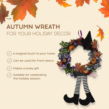 Skeleteen Happy Halloween Witch Wreath - Large 42" Front Door Hanging Witchy Decorations with Pumpkins, Maple Leaves, Witch Hat and Witch Legs Wreath