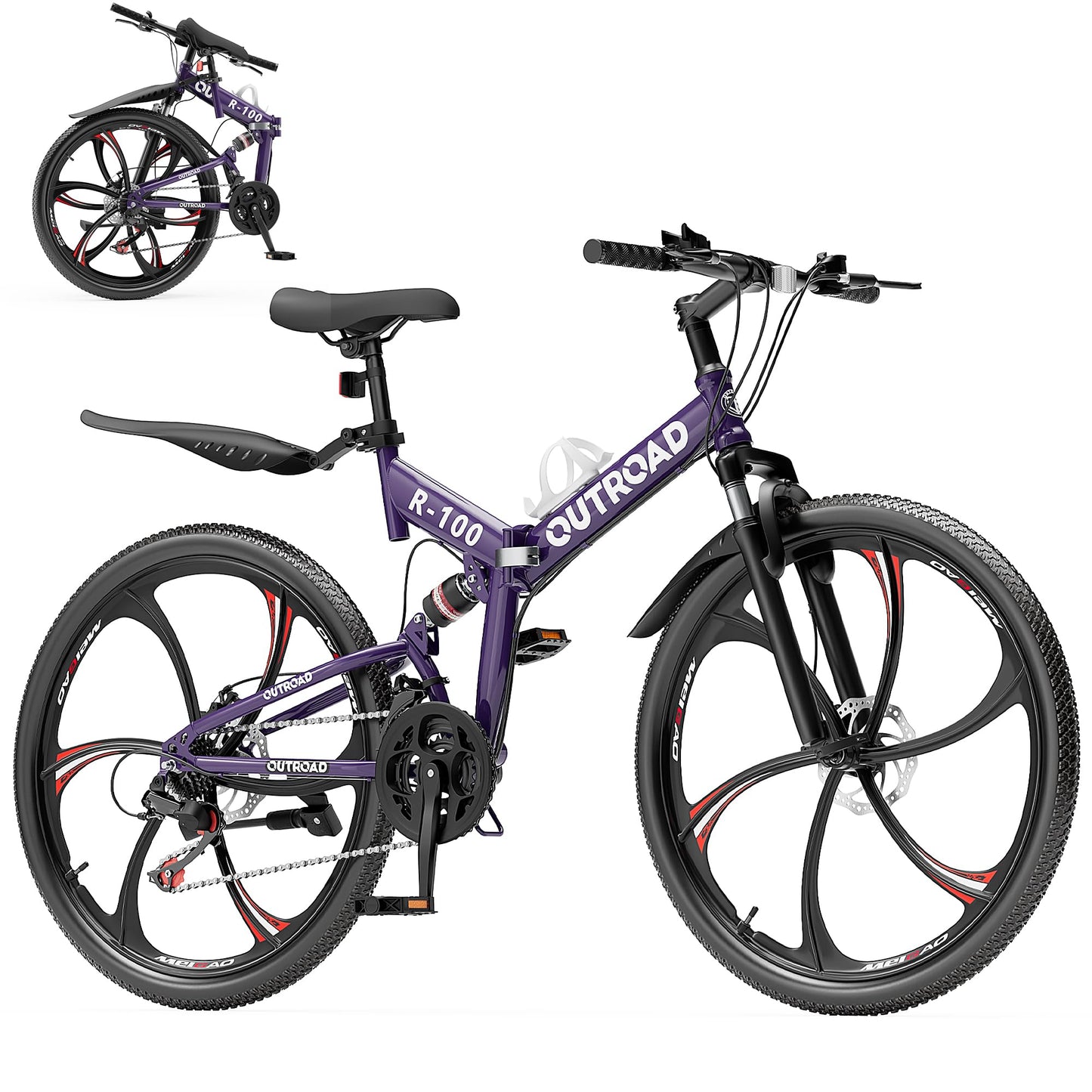 MarKnig 26 Inch Adult Folding Bikes/Mountain Bikes, 21 Speeds Mountain Bicycles with Full Suspension, Dual Disc Brake, High Carbon Steel Frame, Foldable Bike for Men/Women/Teen, HM-Purple