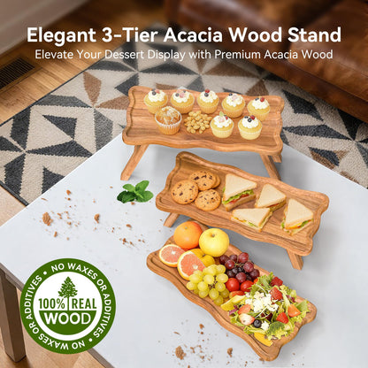 Acacia Wood 3 Tier Cupcake Stand, Serving Tray for Party, Foldable Dessert Table Display Set, Tiered Tray Decor for Party, Birthday, Wedding, Christmas