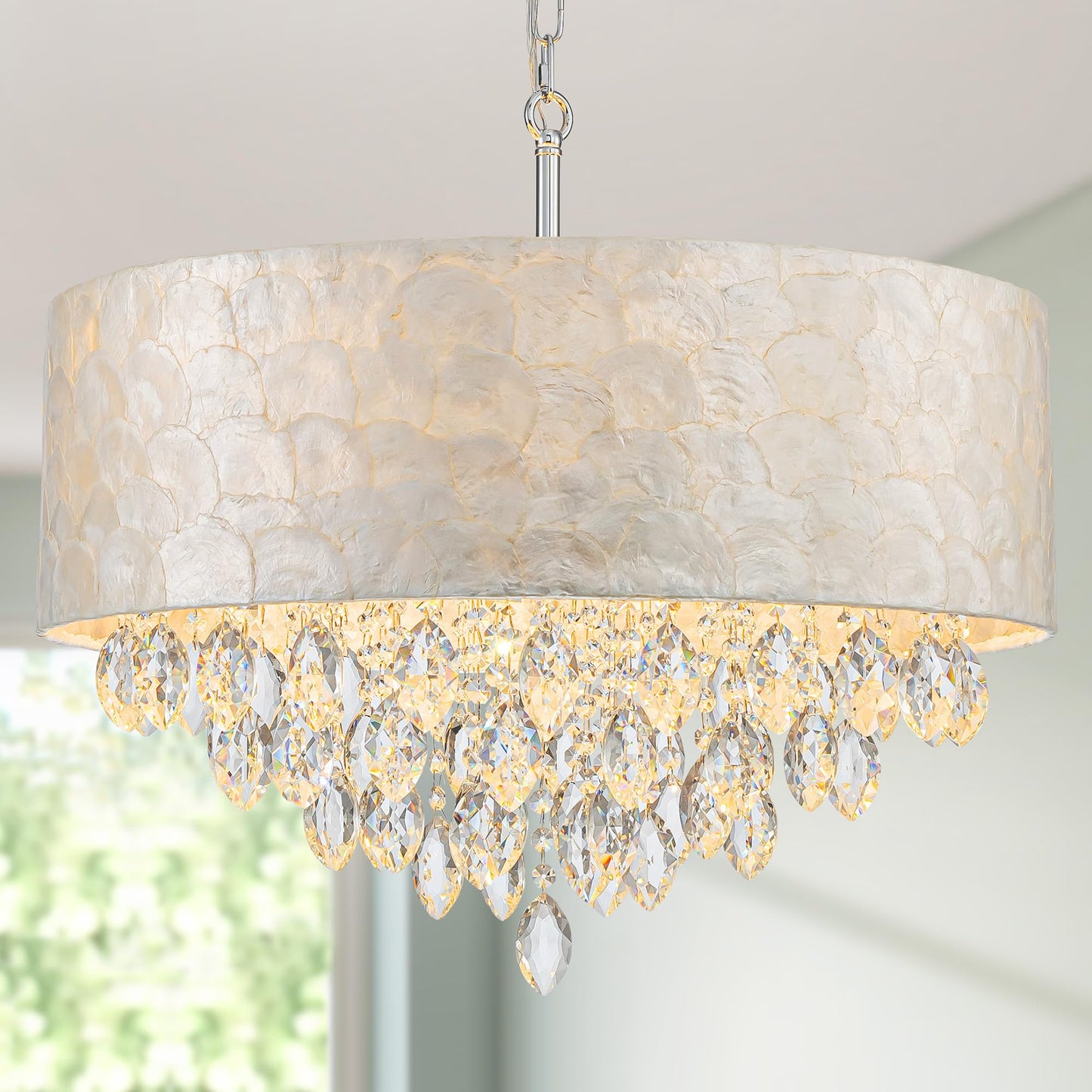 Pine Flicker X-Large 6-Light Drum Capiz Shell K9 Crystal Chandelier, Coastal Style Pendant Light Fixture for Dining Room, Living Room, D24 * H24~70 inch (Adjustable), Clear Crystal & Chrome Finish