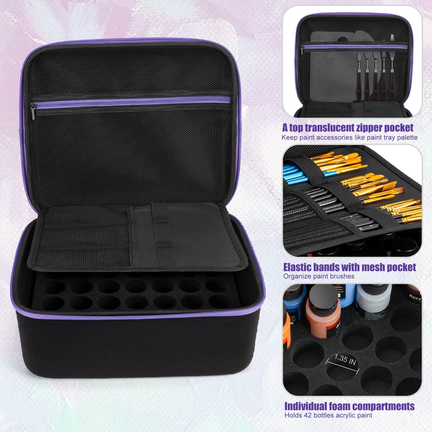 Chfine Acrylic Paint Organizer Holds 42 Bottles (2 fl oz), Craft Paint Organizer for Acrylic Painting with Foam Insert and Inner Storage Pocket, Ideal for Artists (Case Only)