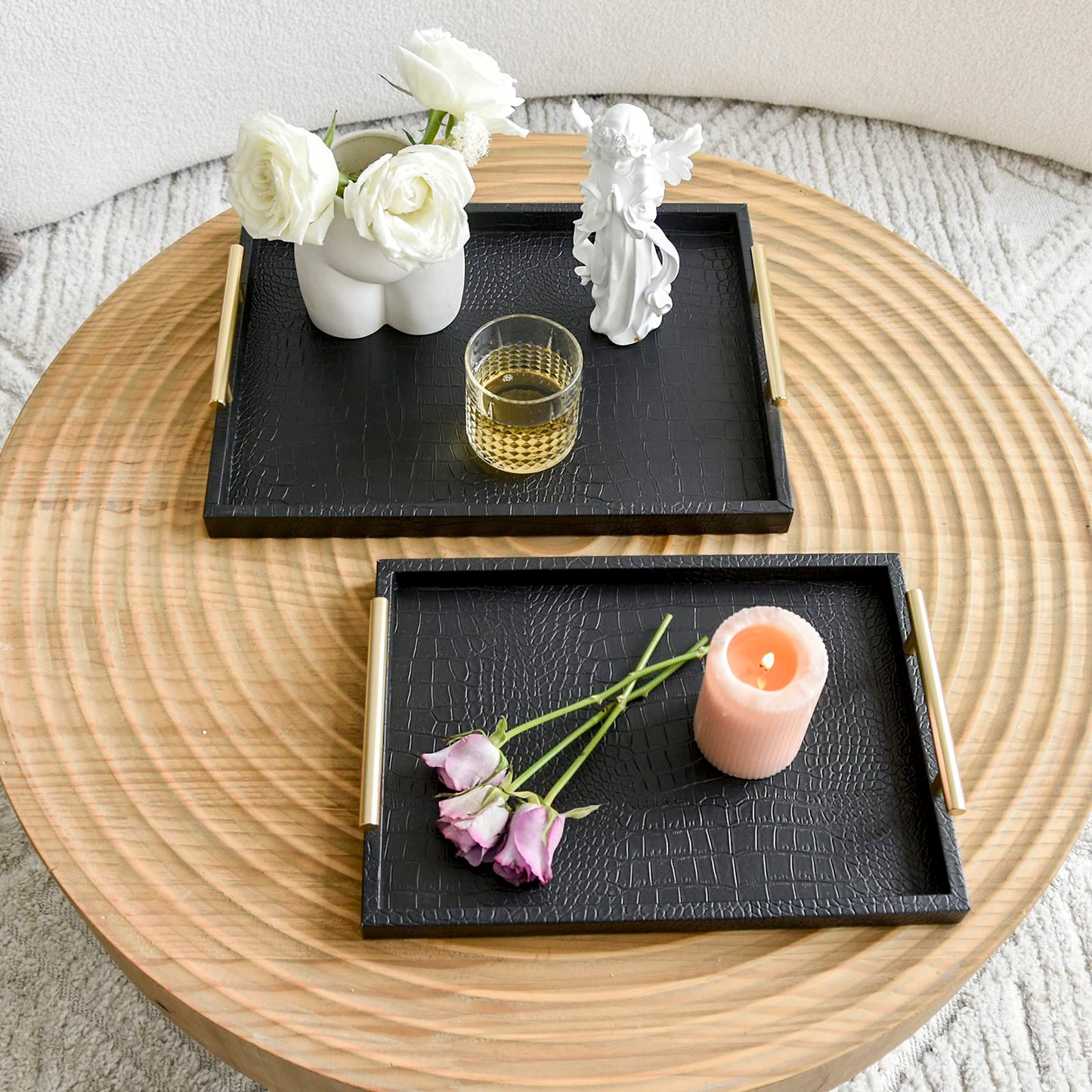 MACVAD Set of 2 Modern Elegant Large Wood Serving Tray, Rectangle Decorative Tray Ottoman Tay Coffee Table Tray, Black Crocodile Leather with Gold Polished Metal Handles