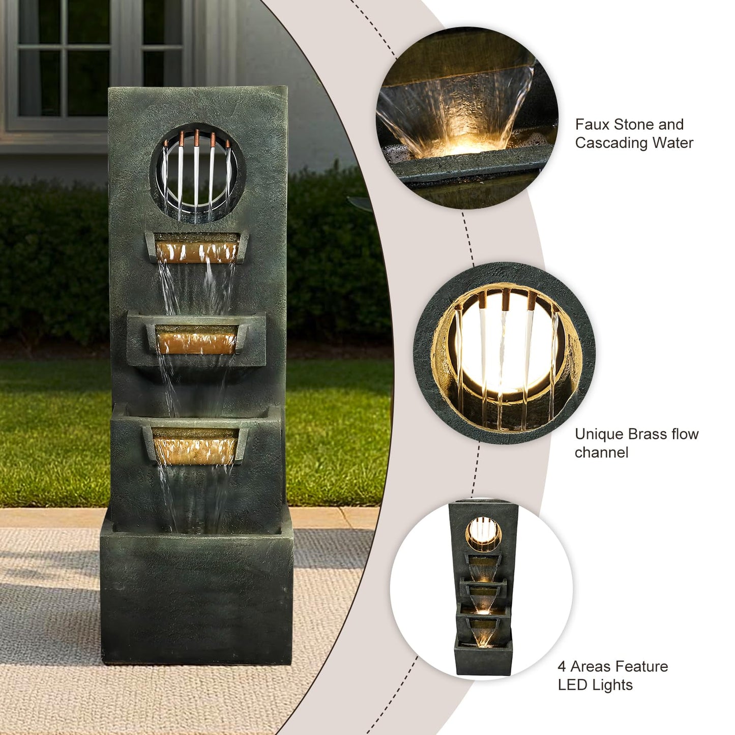 Naturefalls 39.3” H Modern Outdoor Fountain - 4-Tiered Outdoor Garden Fountains with Contemporary Design&LED Light for Garden, Patio, Deck, Porch, Backyard and Home Art Decor