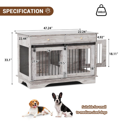 IDEALHOUSE 47'' Dog Crate Furniture,Indoor Wooden Dog Kennel with 2 Storage Drawers,4 Doors and Large Tabletop,Decorative Pet House for Large, Medium, and Small Dogs(Grey)