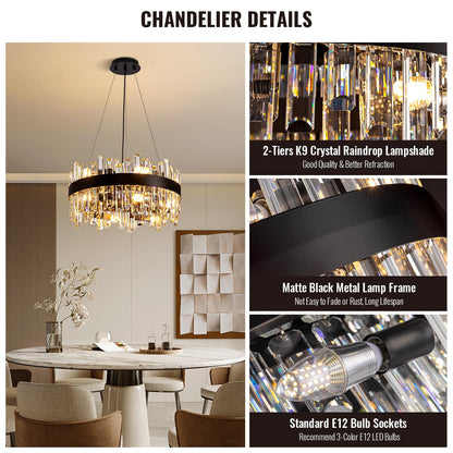 Siljoy Black Crystal Chandelier for Dining Room, Modern 2-Tiers K9 Crystal Raindrop Chandelier 12 Lights Farmhouse Pendant Ceiling Light for Living Room Kitchen Island Entry Foyer D19.7''