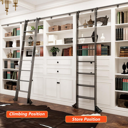 DIYHD 96" Sliding Library Ladder with 8 Steps, Telescopic Top Hook, Lightweight Rolling Ladder with Upright Space-Saving Storage, Kit with 4FT Sliding Rail, Bottom Rollers, 300lbs Capacity, Black