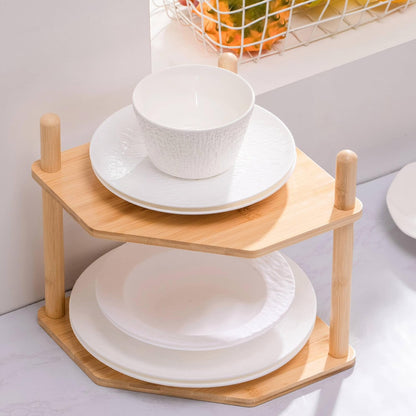 2-Tier Counter (1, 6.7" Expandable Bamboo Corner Shelf - Dish/Plate Organizer for Cabinet, Kitchen Shelf & Small